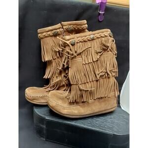New Childs Size 3  3 tier fringe brown suede Boots youth #2658 in box